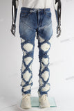 blue distressed flare bottom stacked men jeans