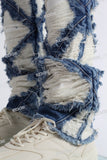 blue distressed flare bottom stacked men jeans