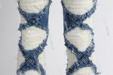 blue distressed flare bottom stacked men jeans