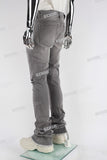 Grey Ripped Distressed Flare Bottom Stacked Jeans Men