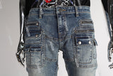 blue vintage cargo silm men jeans with mutil pockets