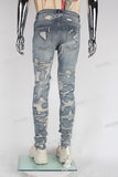 Blue Embroidery Distressed Jeans Men