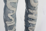 Blue Embroidery Distressed Jeans Men