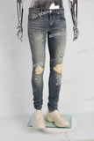 Blue Vintage Stretch Elastic Scratch Distressed Skinny Jeans Men