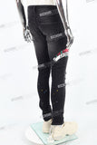 black distressed paint splatters skinny men jeans with screen printed logo