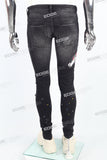 black distressed paint splatters skinny men jeans with screen printed logo
