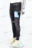 black distressed paint splatters skinny men jeans with screen printed logo