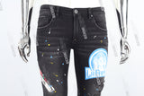 black distressed paint splatters skinny men jeans with screen printed logo