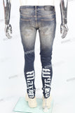 blue vintage skinny men jeans with screen printed