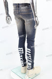 blue vintage skinny men jeans with screen printed