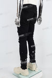 black paint spplatters distressed skinny men jeans with embroidery logo