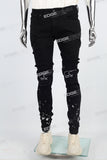 black paint spplatters distressed skinny men jeans with embroidery logo