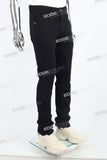 black skinny flare bottom men jeans with leather patch embroideried