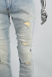 Distressed Torn Utility Pocket Embroidered Mans Stack Jeans