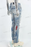 Blue Spray Ripped Embroidery Skinny Jeans