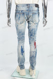 Blue Spray Ripped Embroidery Skinny Jeans