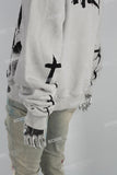 White Distressed Wash Dark Print Men's Hoodies