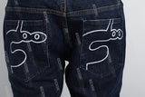 Dark Blue Big Print Back Pocket Print Men's Flared Jeans