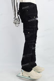 Black Embroidered Multi-Pocket Ripped Mans Stack Jeans