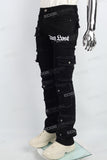 Black Embroidered Multi-Pocket Ripped Mans Stack Jeans