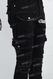 Black Embroidered Multi-Pocket Ripped Mans Stack Jeans