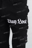 Black Embroidered Multi-Pocket Ripped Mans Stack Jeans