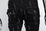 Black Embroidered Multi-Pocket Ripped Mans Stack Jeans