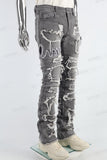 Grey Embroidered Torn Patch Mans Stack Jeans