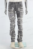 Grey Embroidered Torn Patch Mans Stack Jeans