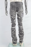 Grey Embroidered Torn Patch Mans Stack Jeans