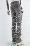 Grey Embroidered Torn Patch Mans Stack Jeans
