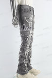 Grey Embroidered Torn Patch Mans Stack Jeans
