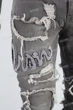 Grey Embroidered Torn Patch Mans Stack Jeans