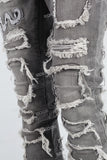 Grey Embroidered Torn Patch Mans Stack Jeans