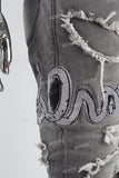 Grey Embroidered Torn Patch Mans Stack Jeans