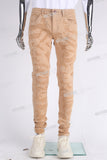 Yellow 100 Cotton Embroidery Distress Jeans Men