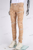 Yellow 100 Cotton Embroidery Distress Jeans Men