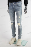 Blue Elastic Spandex Strechy Skinny Distressed Silm Plain Jeans Men