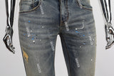 Blue Vintage Distressed Ripped Paint Splatters Skinny Jeans Men