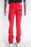 Stacked Ripped Jeans with Embroidery Patch- Red