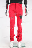 Stacked Ripped Jeans with Embroidery Patch- Red