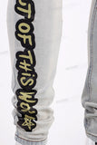Stylish Streetwear Light Blue jeans Ripped Screen Printing