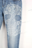 Blue Skinny Jeans With Laser Engraver Skeleton Printing