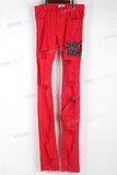 Stacked Ripped Jeans with Embroidery Patch- Red